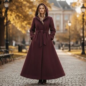 Visible Art Burgundy Merino Wool Blend Hooded Maxi Coat Belted Wrap Wine Red M